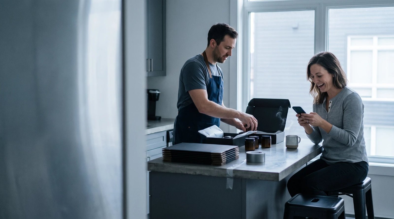 A woman in a gray henley laughing at her phone at a concrete kitchen island while a man in a navy apron packs amber glass jars into black mailer boxes, beside a stack of flat mailers, a roll of tape, and a mug